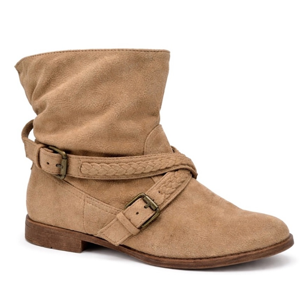 Callia, Faux Tan Suede Ankle Boots – Braided Strap Buckle – Size 7.5 – EUC